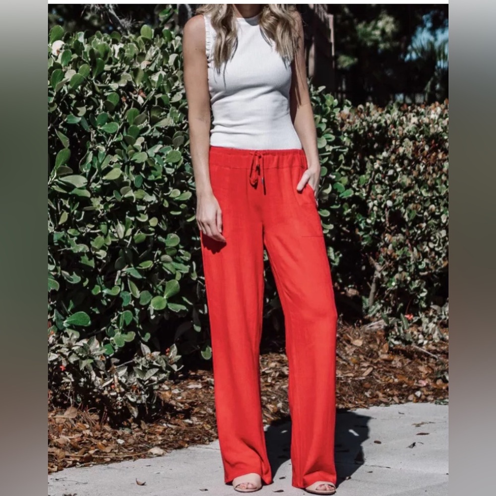 NWT Amalli Talli Tall Linen Blend Wide Leg Pants, Red, Size Small